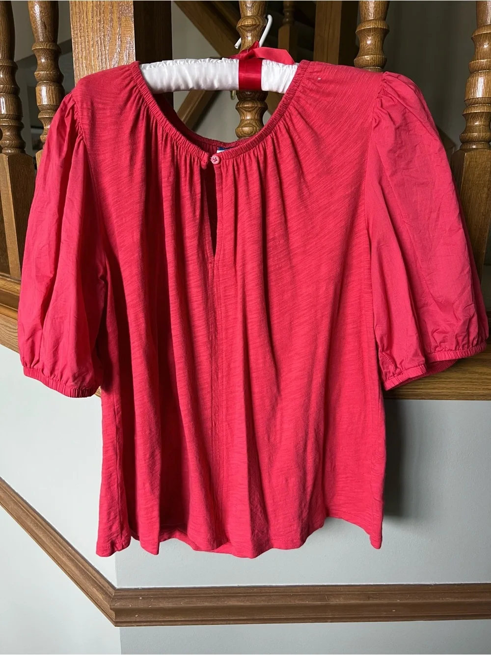 Women's Red Puff Sleeve Slub Knit Top
